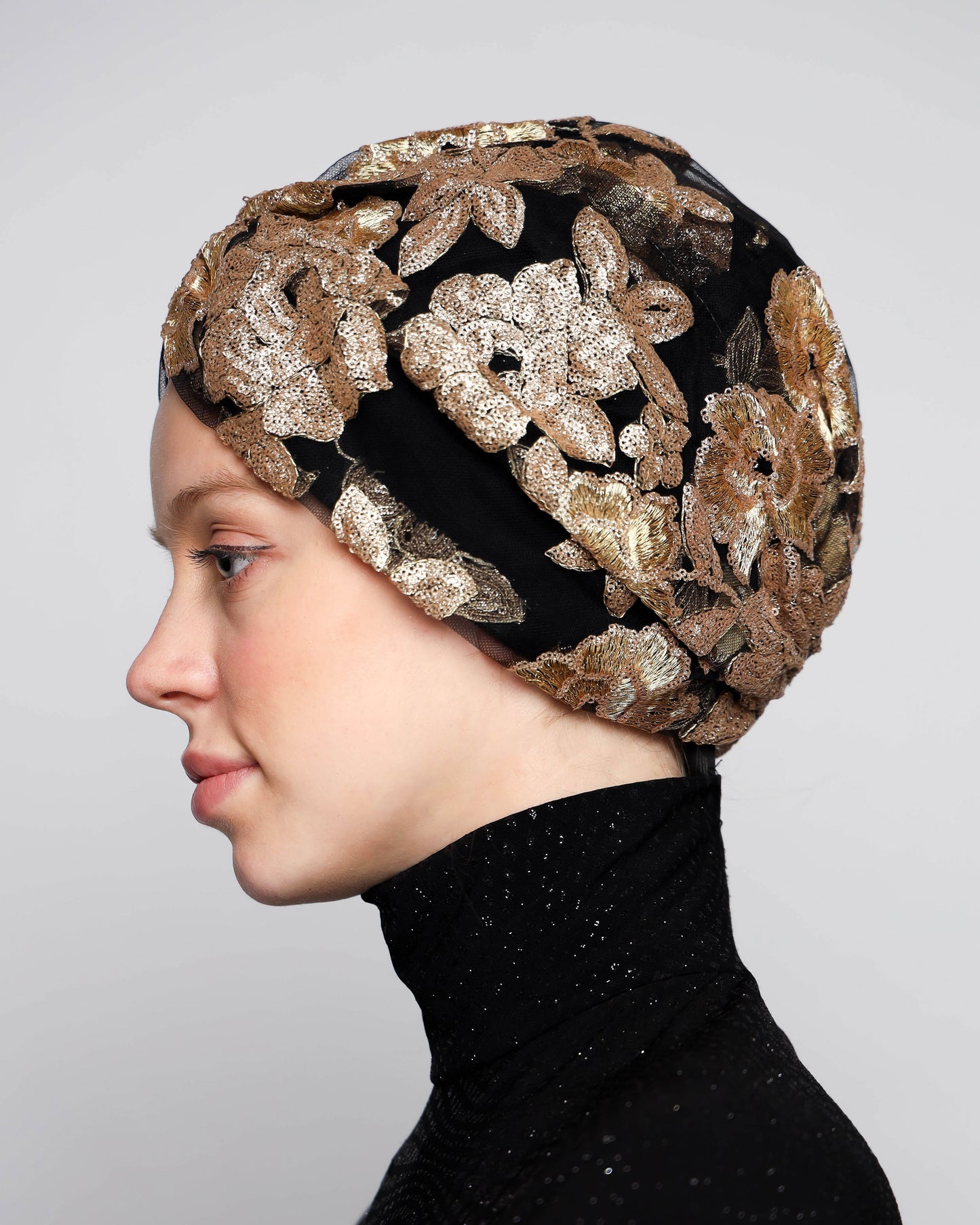 Gold Sequined Flower Turban