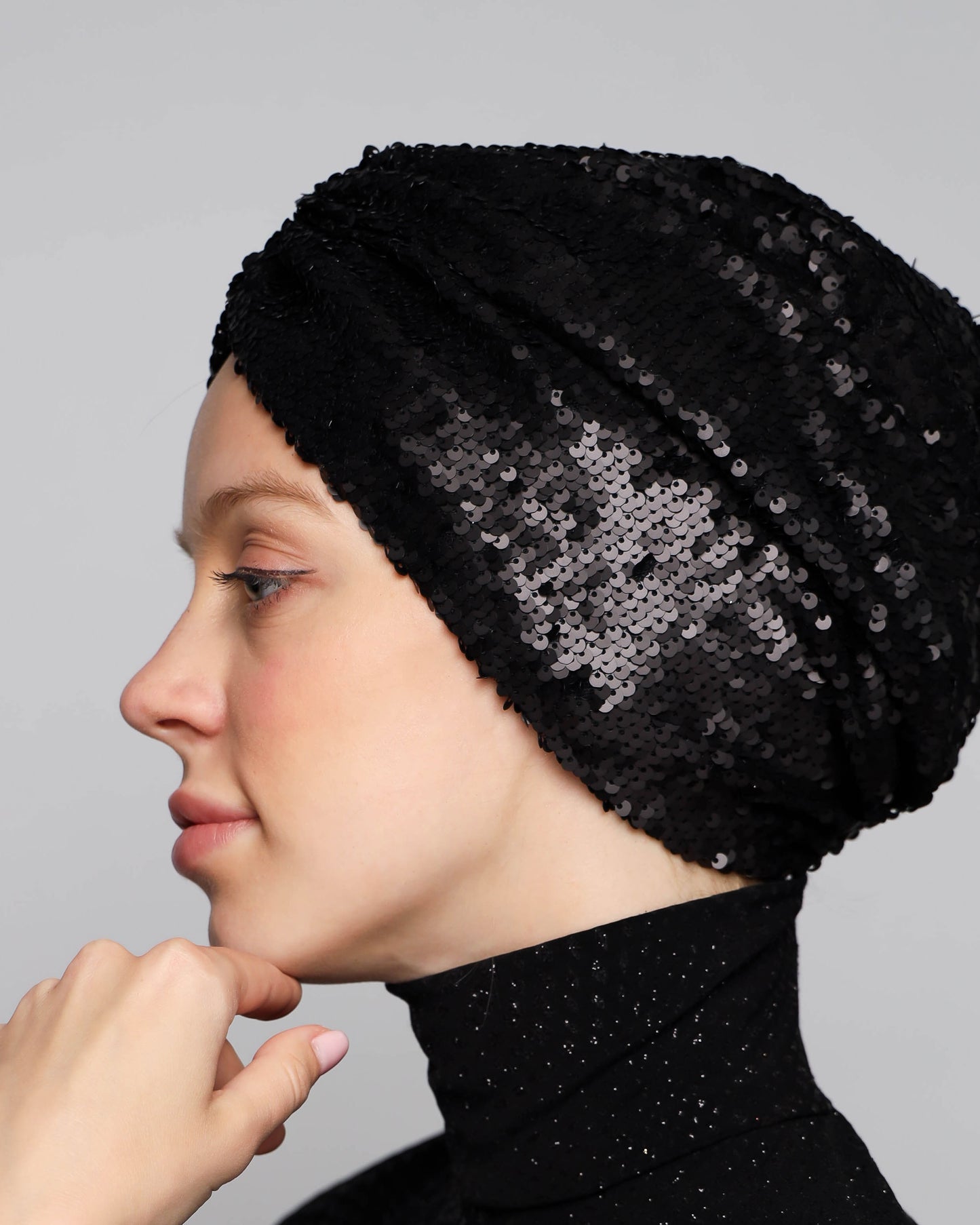 Black Sequin Gathering Turban (Matt)