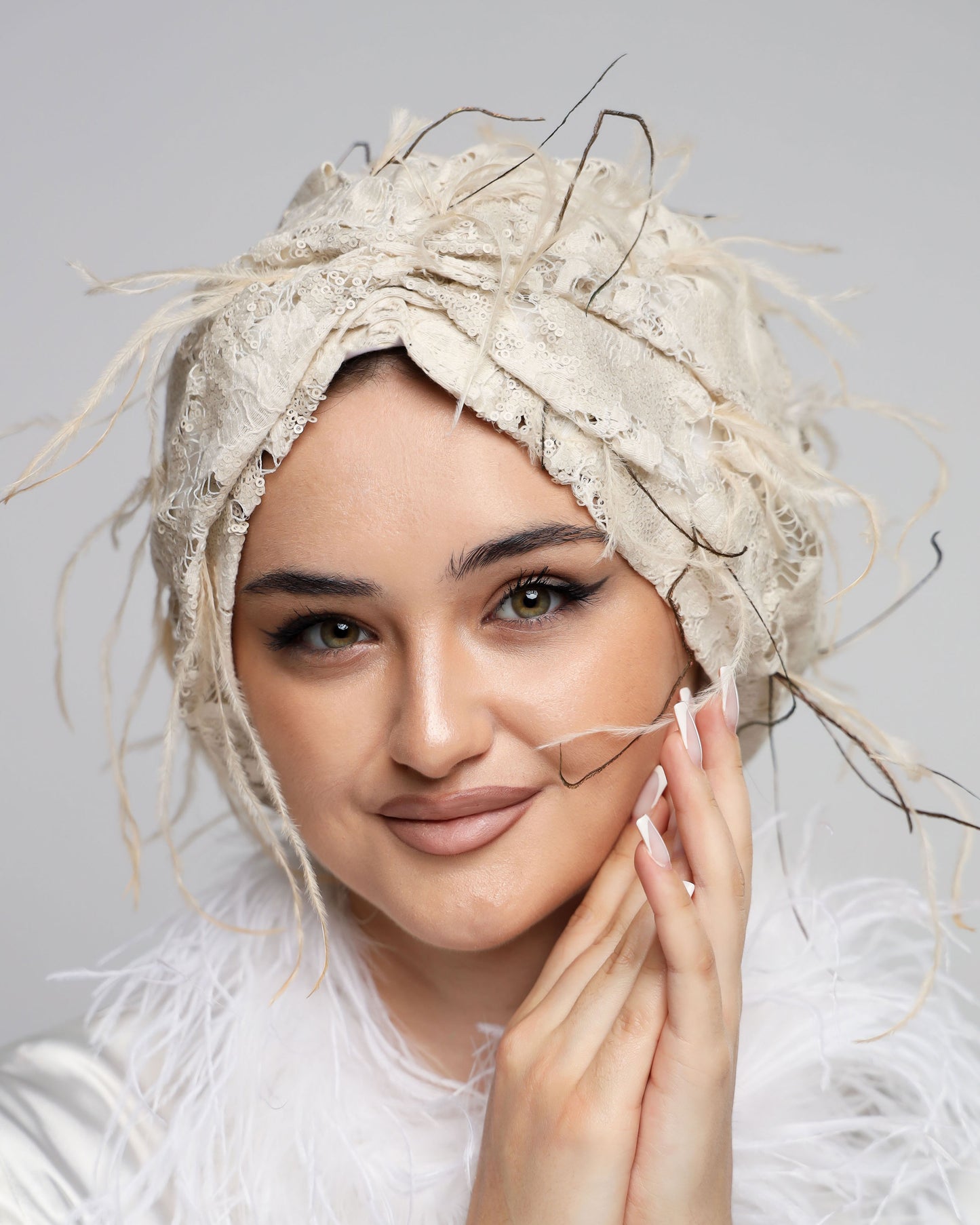 Bridal Feathery Sequined Lace Turban