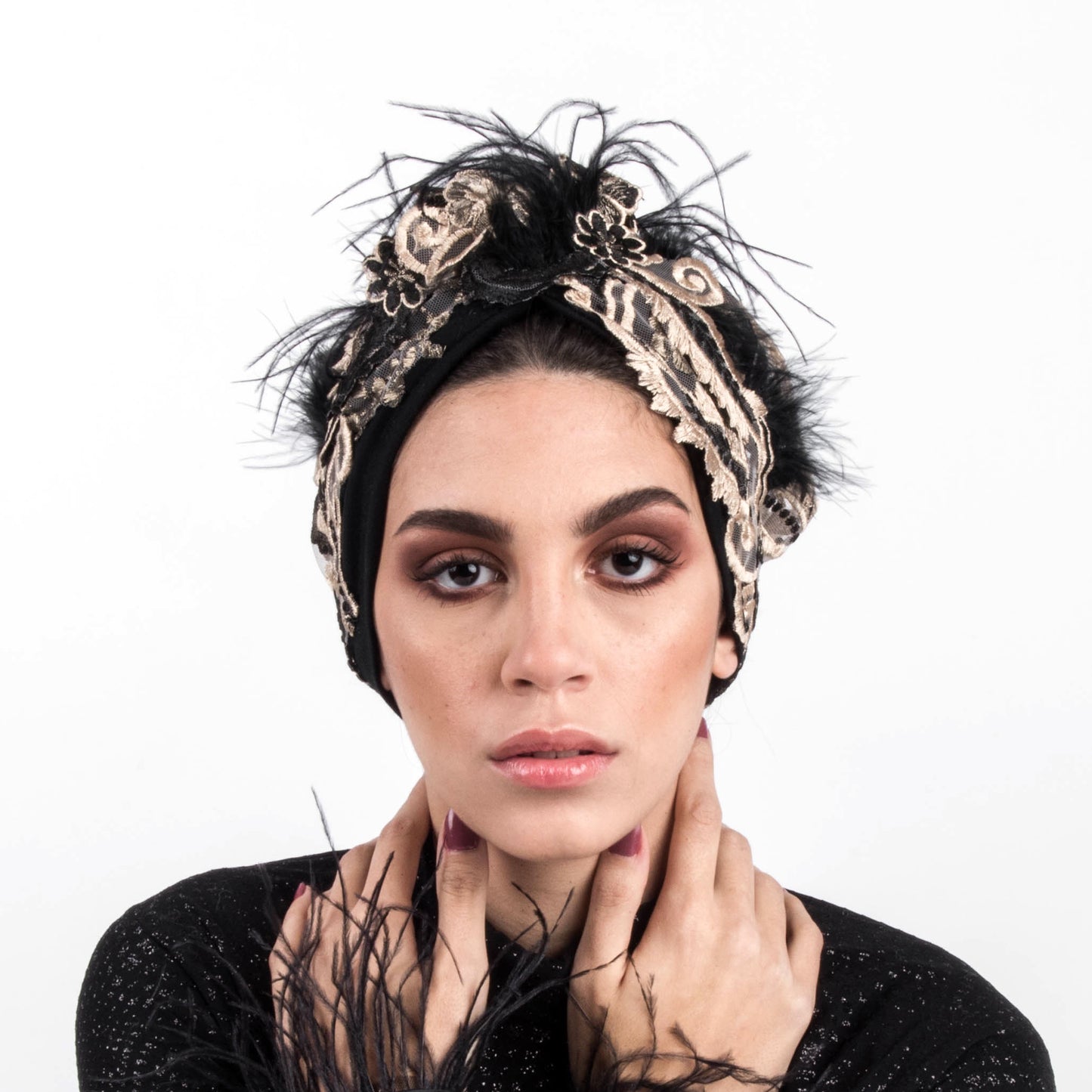 Wine Dramatical Guipure Lace Feathery Turban