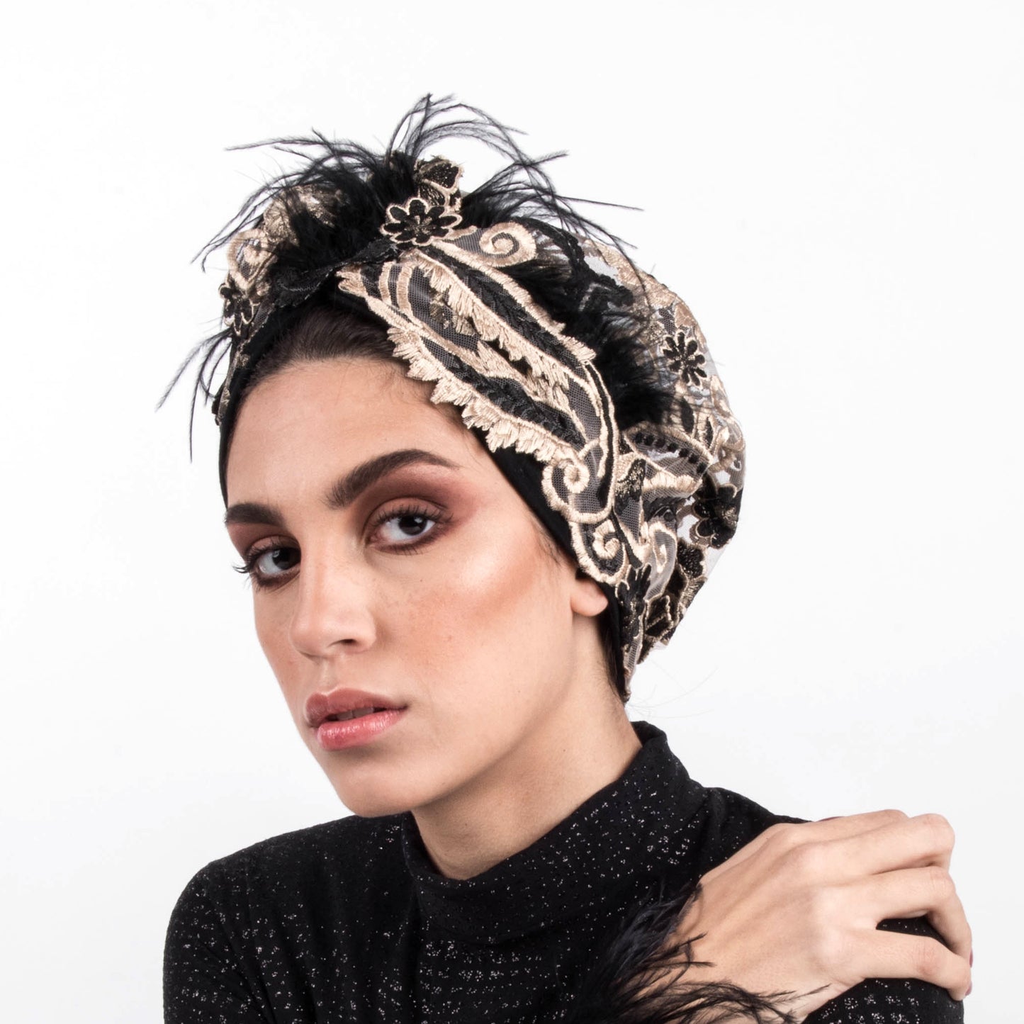 Wine Dramatical Guipure Lace Feathery Turban