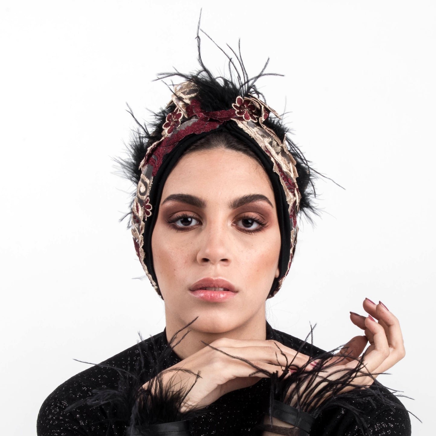 Wine Dramatical Guipure Lace Feathery Turban