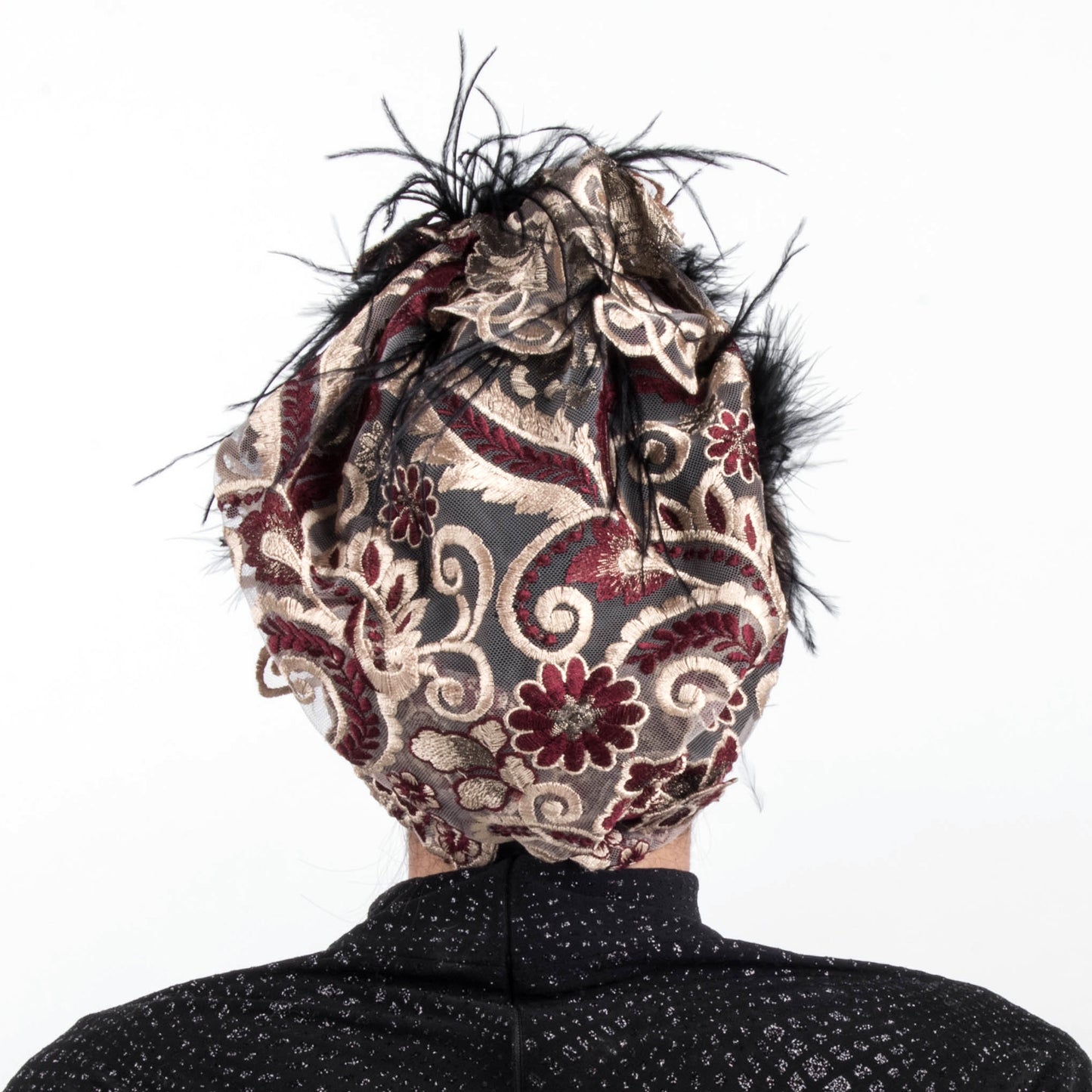 Wine Dramatical Guipure Lace Feathery Turban