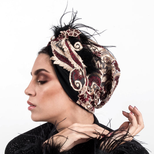 Wine Dramatical Guipure Lace Feathery Turban