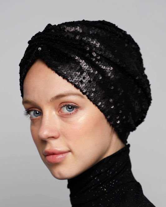 Black Sequin Gathering Turban (Matt)