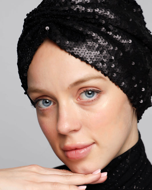 Black Sequin Gathering Turban (Matt)