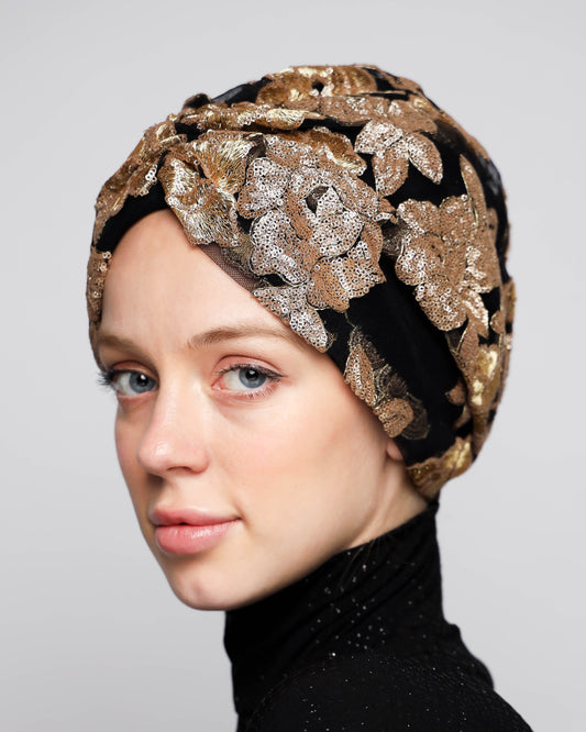 Gold Sequined Flower Turban