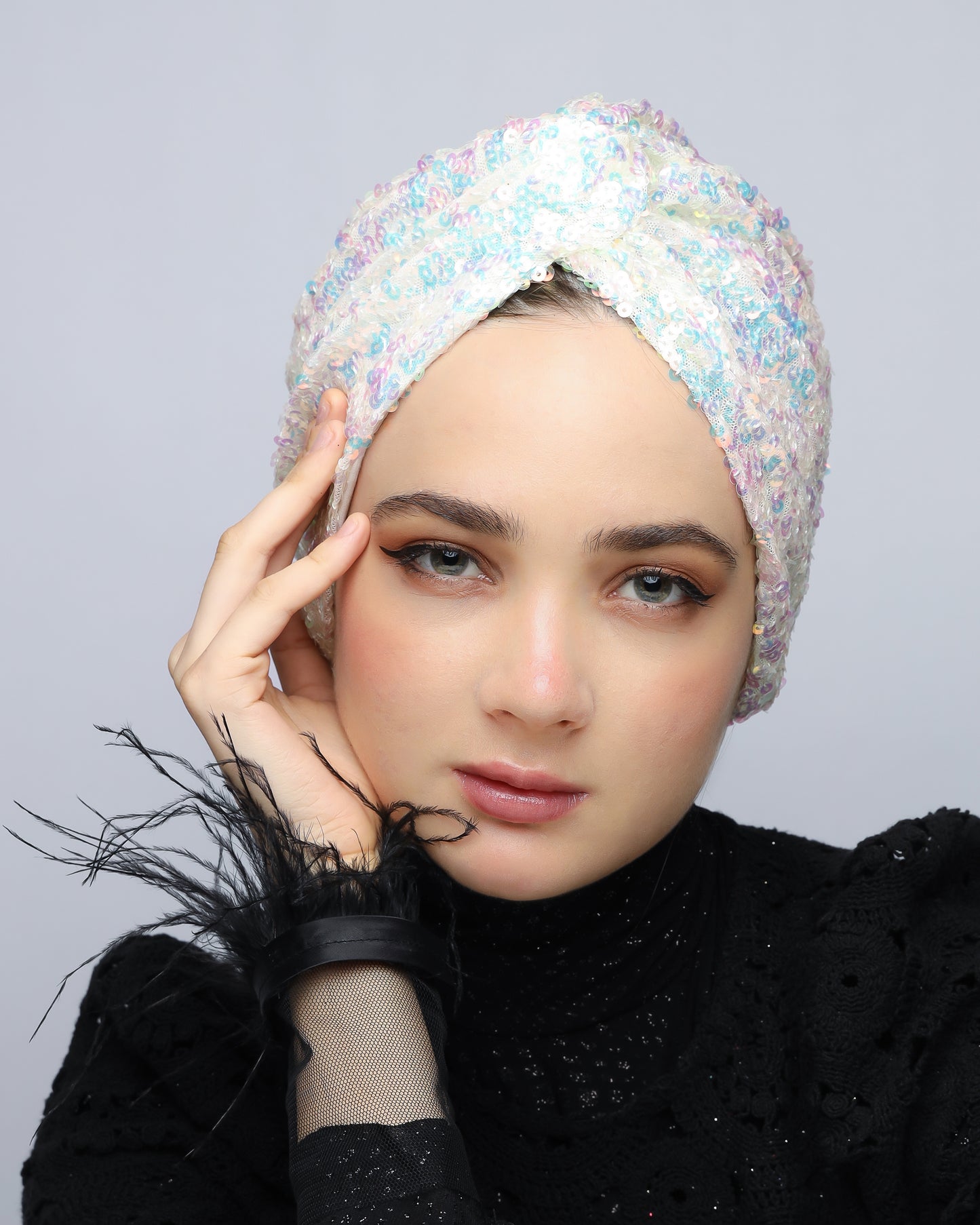 White Rainbow Sequin Turban