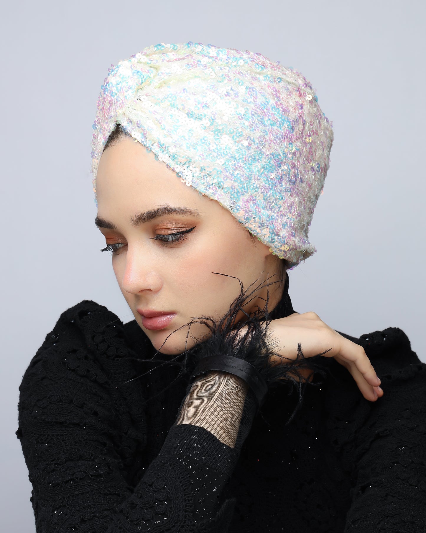 White Rainbow Sequin Turban