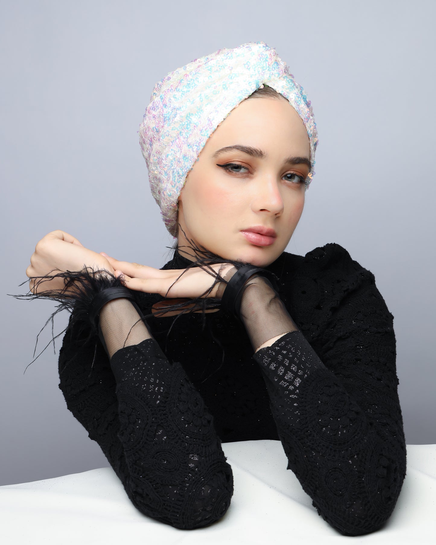 White Rainbow Sequin Turban