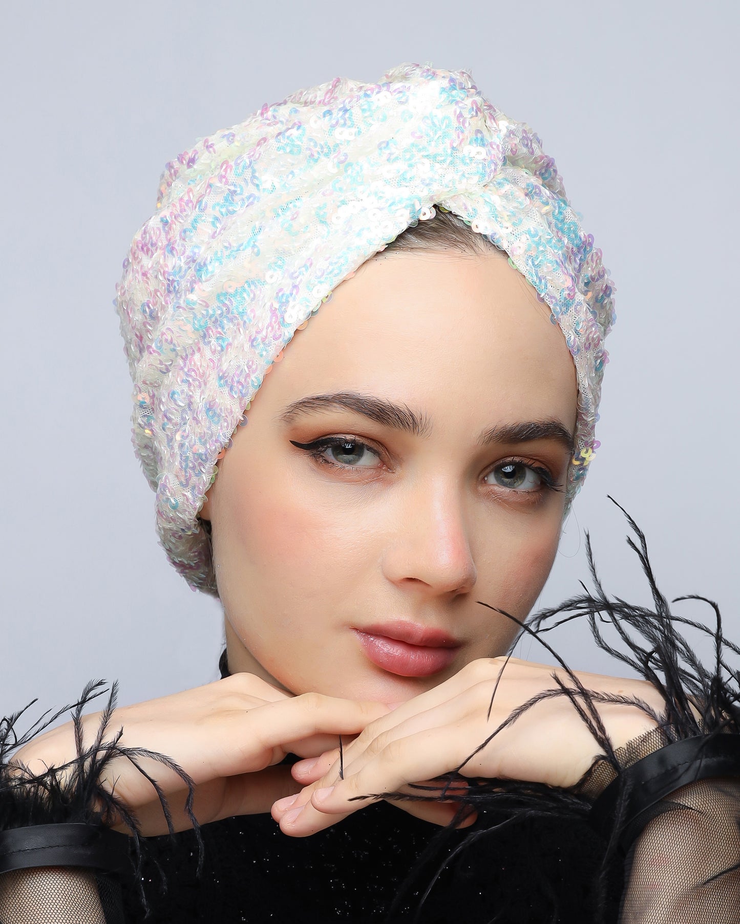 White Rainbow Sequin Turban